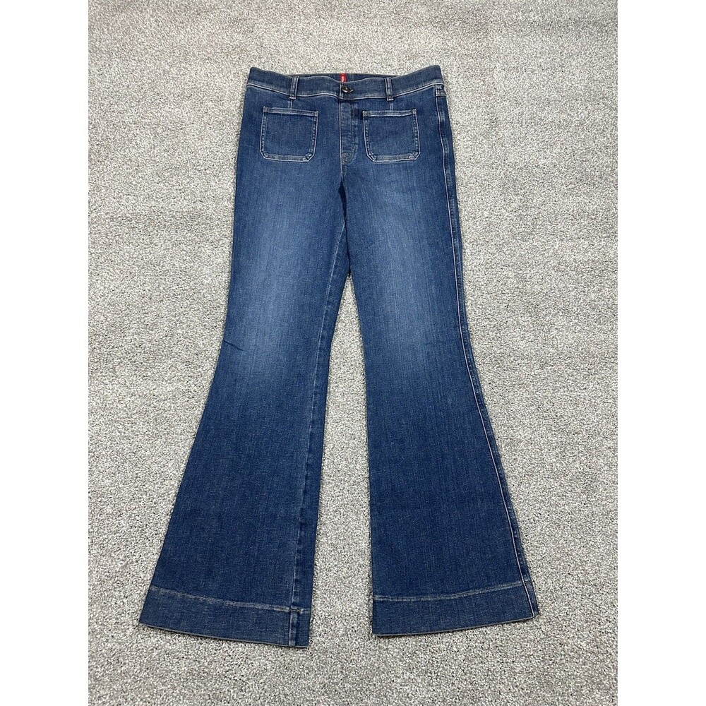 SPANX Women's XL Flare Jeans Dark Blue Stretch Denim High Rise Wide Leg